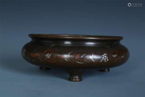 A Chinese Bronze and Silver Inlaid Censer