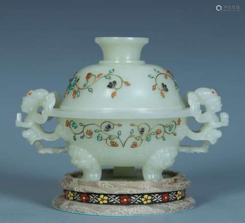 A Chinese Carved Jade Ding Shaped Censer Inlaid with