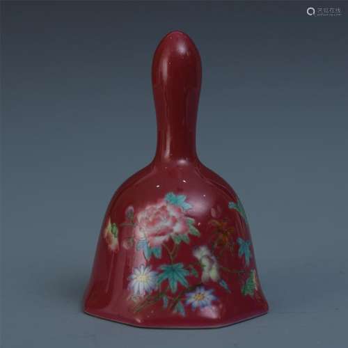 A Chinese Red Ground Mallet Form Vase with Floral Motif