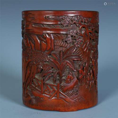 A Chinese Bamboo Carved Brush Pot with Figures