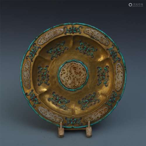 A Chinese Gilt Bronze Dish Inlaid with Turquoise