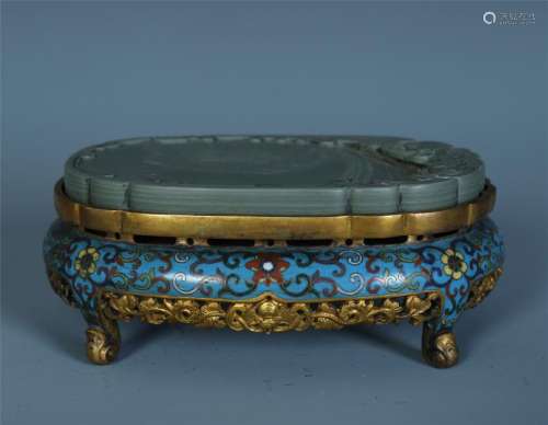 A Finely Carved Chinese Cloisonne Enamel Inkstone
