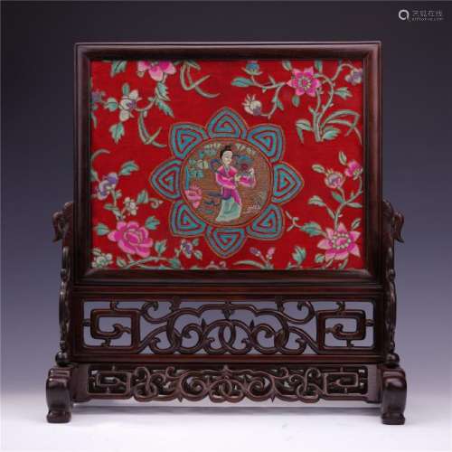 A Chinese Silk Embroidered Table Screen with Rosewood