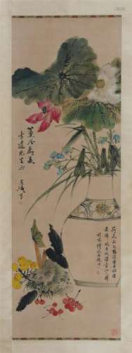 A Chinese Painting Hanging Scroll of Flowers by Wang