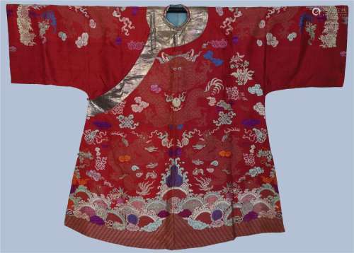 A Fine Chinese Red Silk Embroidered Dragon Robe