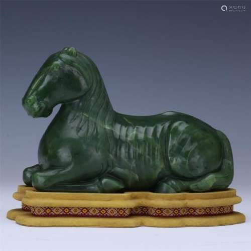 A Chinese Carved Spinach Green Jade Crouching Horse