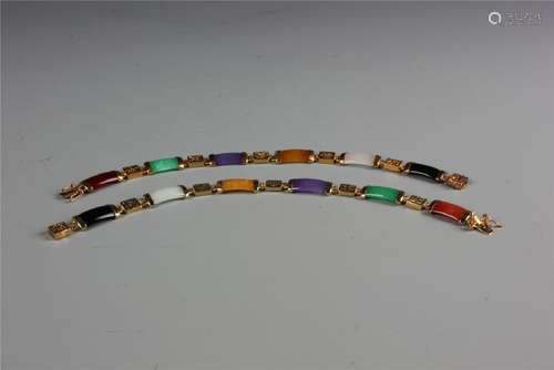 Two 18k Gold Bracelets with Jedeite Inlaid