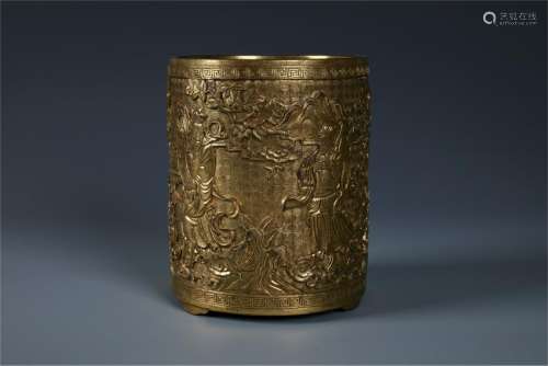 A Fine Chinese Gilt Bronze Brush Pot with Qianlong