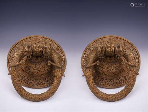 A Chinese Carved Gilt Bronze  Door Knob Set