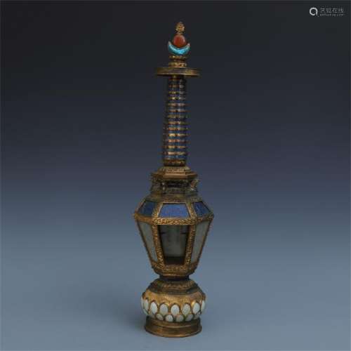 A Chinese Gilt Bronze and White Jade Shrine Inlaid with