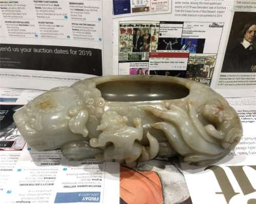 A Chinese Jade Carved Mythical Beast Brush Washer