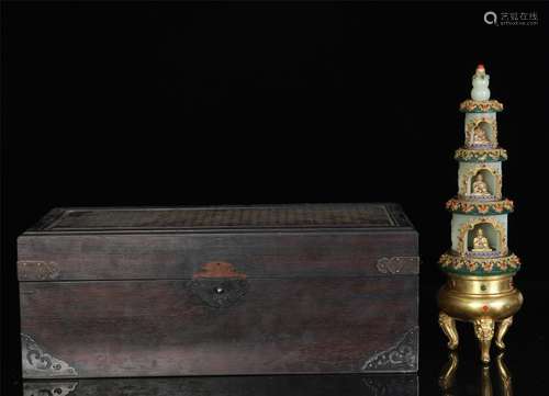 Chinese Carved Gilt Bronze  and Jade Pagoda Inlaid with