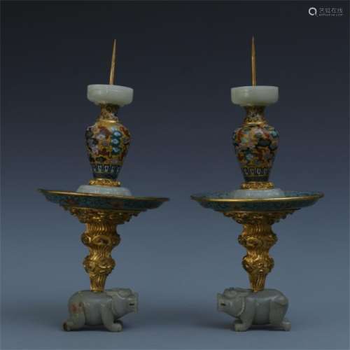 A Pair of Chinese Cloisonne Enameled  and Jade Candle