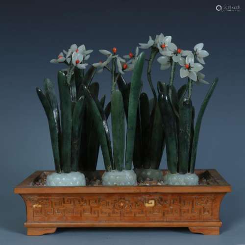 A Chinese Bamboo Veneer Jade Narcissus Bonsai