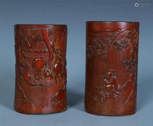 A Pair of Bamboo Carved Brush Pot