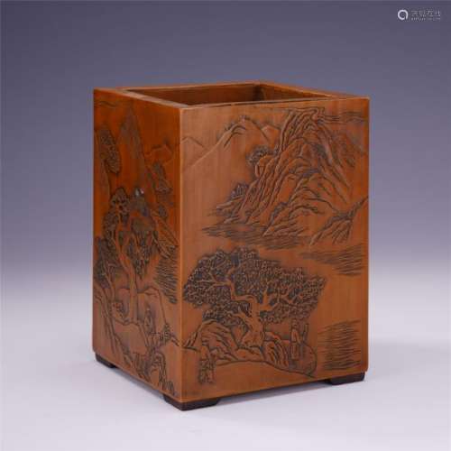 A Chinese Finely Carved Square Bamboo  Veneer Brush Pot