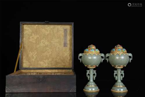 A Pair of Gilt Silver Jade Incense Burner