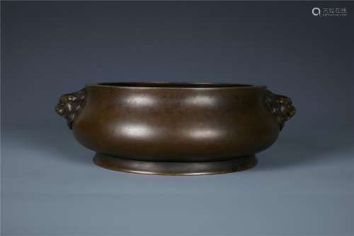 A Chinese Bronze Censer with Twin Lion Ears