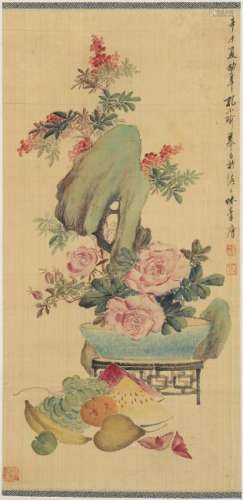 A Chinese Painting Hanging Scroll of Flowers and Birds
