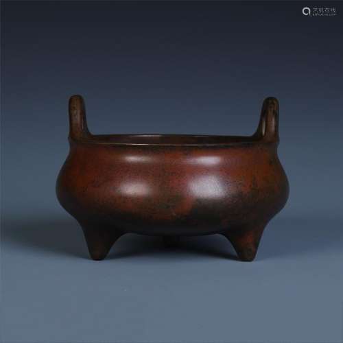 A Chinese Bronze Censer with Upright Handles