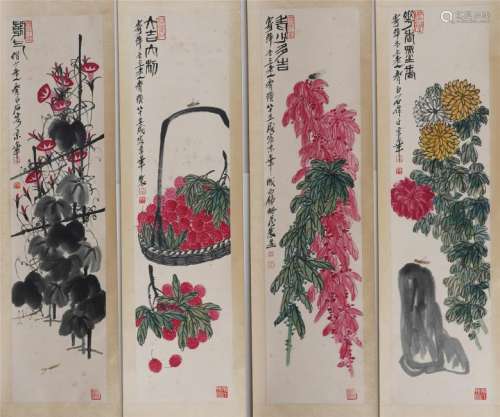 A Set of Four Hanging Scrolls of Flowers by Qi Baishi