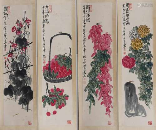 A Set of Four Hanging Scrolls of Flowers by Qi Baishi