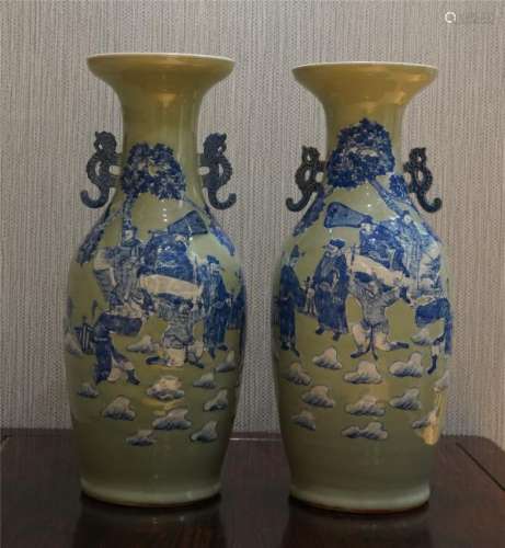 A Pair of Celadon and White Glazed Vases with Twin