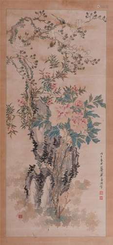 A Chinese Hanging Painting Scroll of Flowers by Zheng