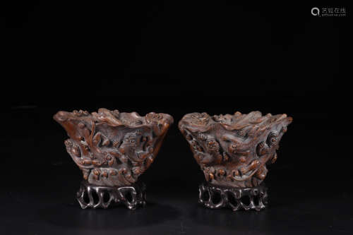 A PAIR OF BAMBOO VESSELS WITH DRAGON PATERN CARVING