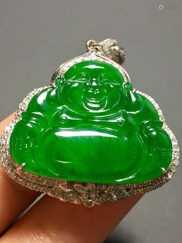 A GREEN JADEITE BUDDHA SAPED PENDANT, TYPE A