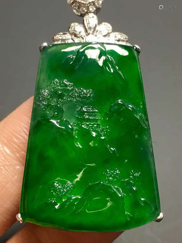 A GREEN JADEITE CARVED LANDSCAPE PAI PENDANT, TYPE A