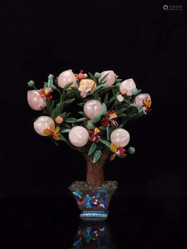 AN IMITATION PEACH BONSAI MADE OF BRONZE AND VARIOUS PRECIOUS GEMS