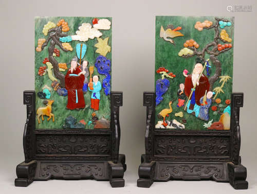 A PAIR OF JASPER SCREENS EMBEDED GEMS