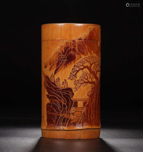 A BAMBOO TEA JAR WITH LANDSCAPE PATTERN