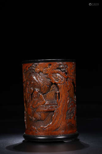 A BAMBOO PEN HOLDER WITH STORY TELLING CARVING
