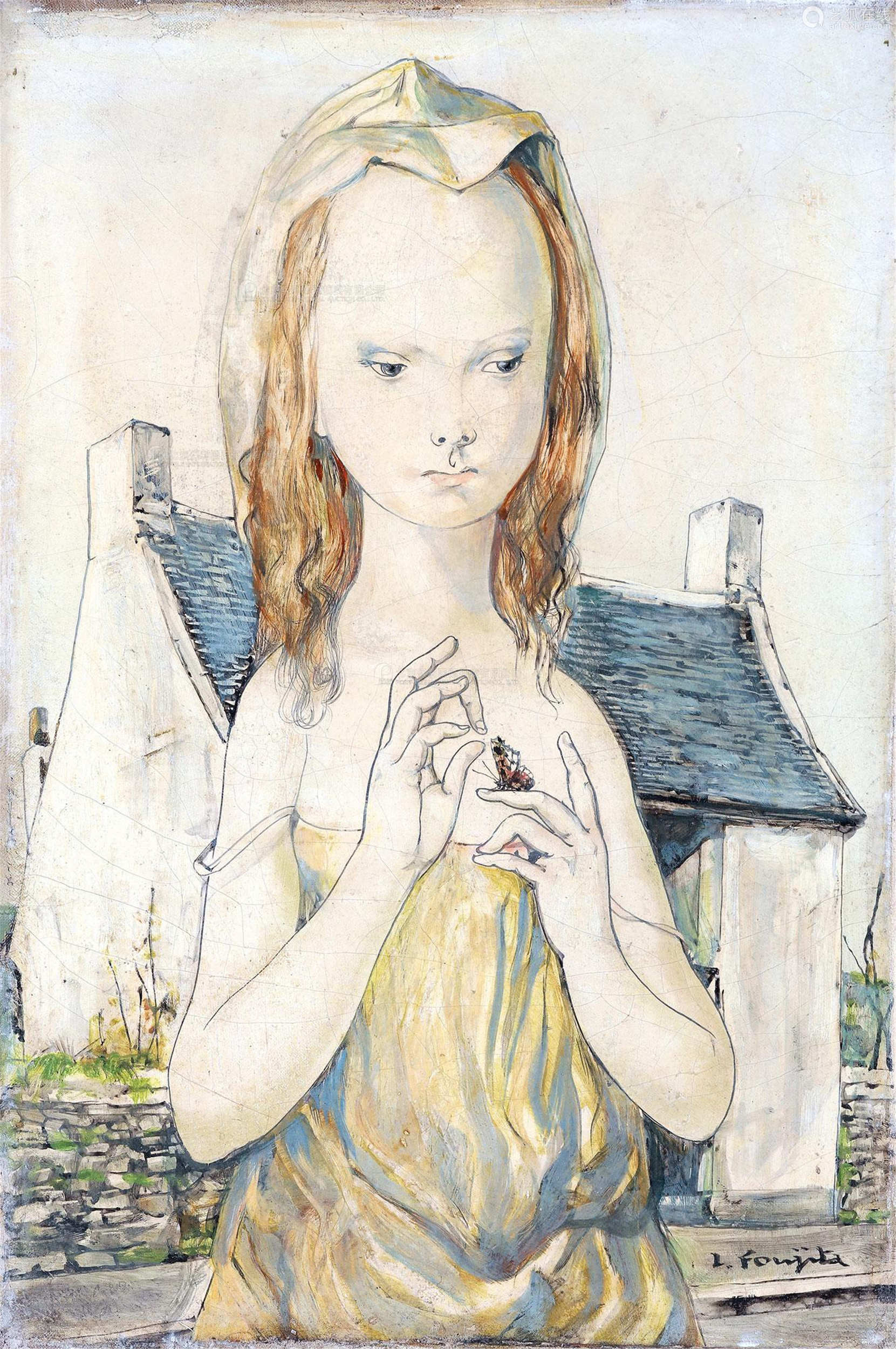 藤田嗣治 16 1968 约1960年代作在画家房前的女孩和蝴蝶布面油画 Deal Price Picture 藤田嗣治 16 1968 约1960年代作在画家房前的女孩和蝴蝶布面油画 Deal Price Picture