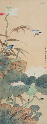 田世光（1916～1999）  1941年作 翠羽荷风 镜框 设色纸本