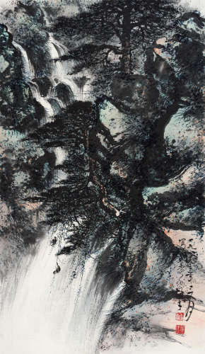 黎雄才（1910～2001）  1980年作 松瀑图 立轴 设色纸本