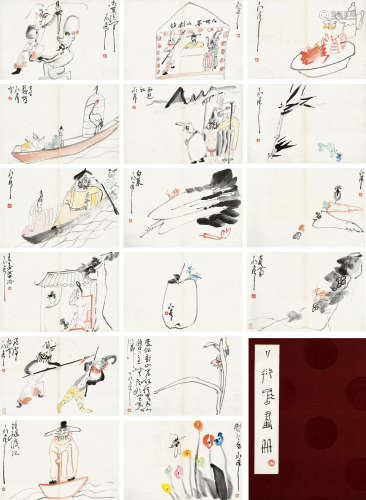 丁衍庸（1902～1978）  人物花果草虫 册页 （十六开） 设色纸本