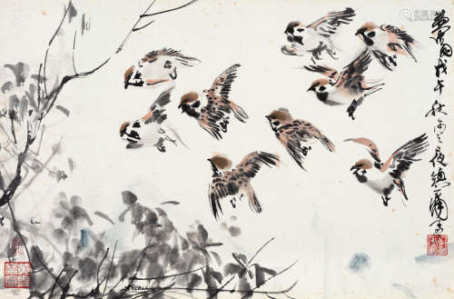 黄冑（1925～1997）  1978年作 麻雀飞舞 镜框 设色纸本