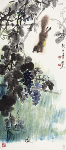 唐云（1910～1993）  松鼠葡萄 镜框 设色纸本