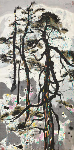 吴冠中（1919～2010）  1983年作 雪山与杜鹃 镜框 设色纸本