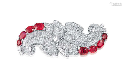 Art Deco 装饰艺术风格 天然「缅甸」红宝石 配 钻石 胸针，未经加热