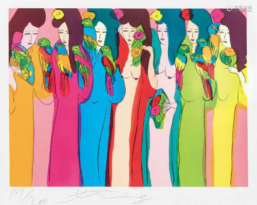 丁雄泉（1929～2010）  1982年作 七位女士与九只鹦鹉隻 丝网版画