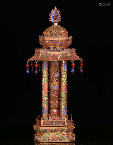 A GILT SILVE  GEM EMBEDED TOWER SHAPED ORNAMENT