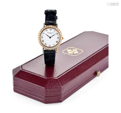 百達翡麗 18K 金鑽石石英機芯皮帶腕錶 (原裝錶盒)