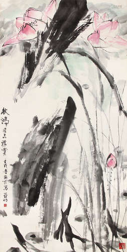 亞明 荷花 (出版:《當代中國畫精品》P:8,安徽美術出版社,2003年) 設色紙本-掛軸