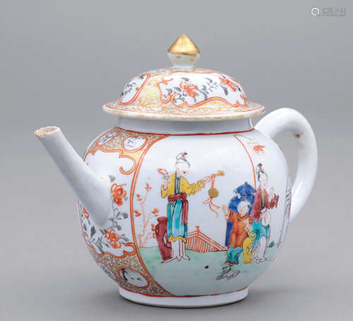 十八世紀 粉彩開光描金美人教子茶壺