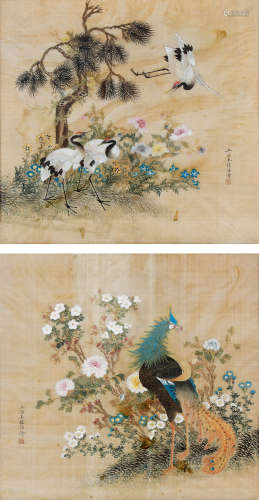 王鎮海 彩繪圖 二幅 設色絹本-鏡架