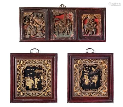 SET OF THREE CARVED WOOD PANELS